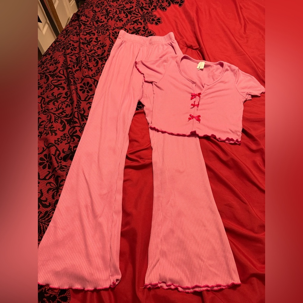 Fashion Nova Pink Ribbed Two-Piece Pajama Set with Bow Details
